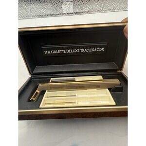 Gillette Deluxe Trac II Razor Set Gold Tone Brown Case Vintage Shaver‎